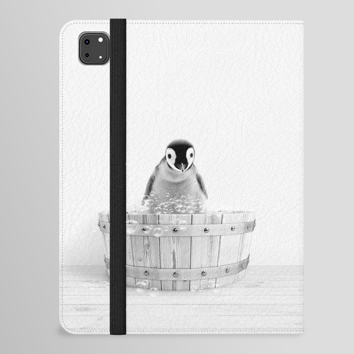 Baby Penguin in Wooden Bathtub, Black and White, Bathtub Animal Art Print by Synplus iPad Folio Case