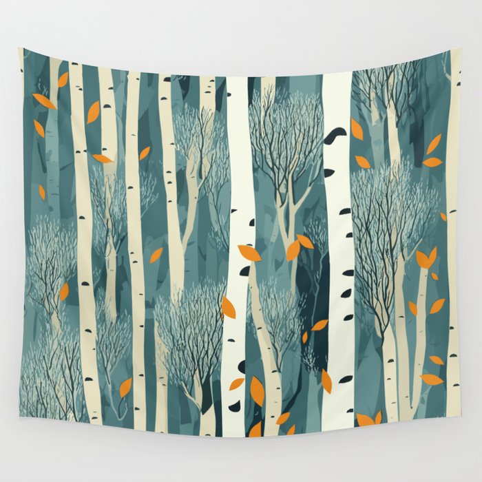 Birch tree forest pattern. Seamless birch tree autumn pattern.  Wall Tapestry