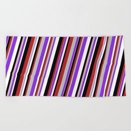 [ Thumbnail: Red, Grey, Purple, White & Black Colored Striped Pattern Beach Towel ]