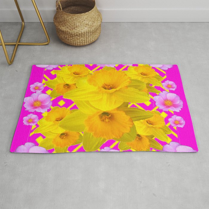 Colorful Fuchsia Pink Roses & Gold Daffodils Rug