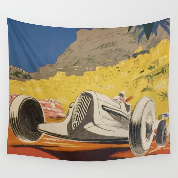 Vintage 1934 White Deco Monaco Grand Prix Car Advertisement Poster by Geo Ham Wall Tapestry