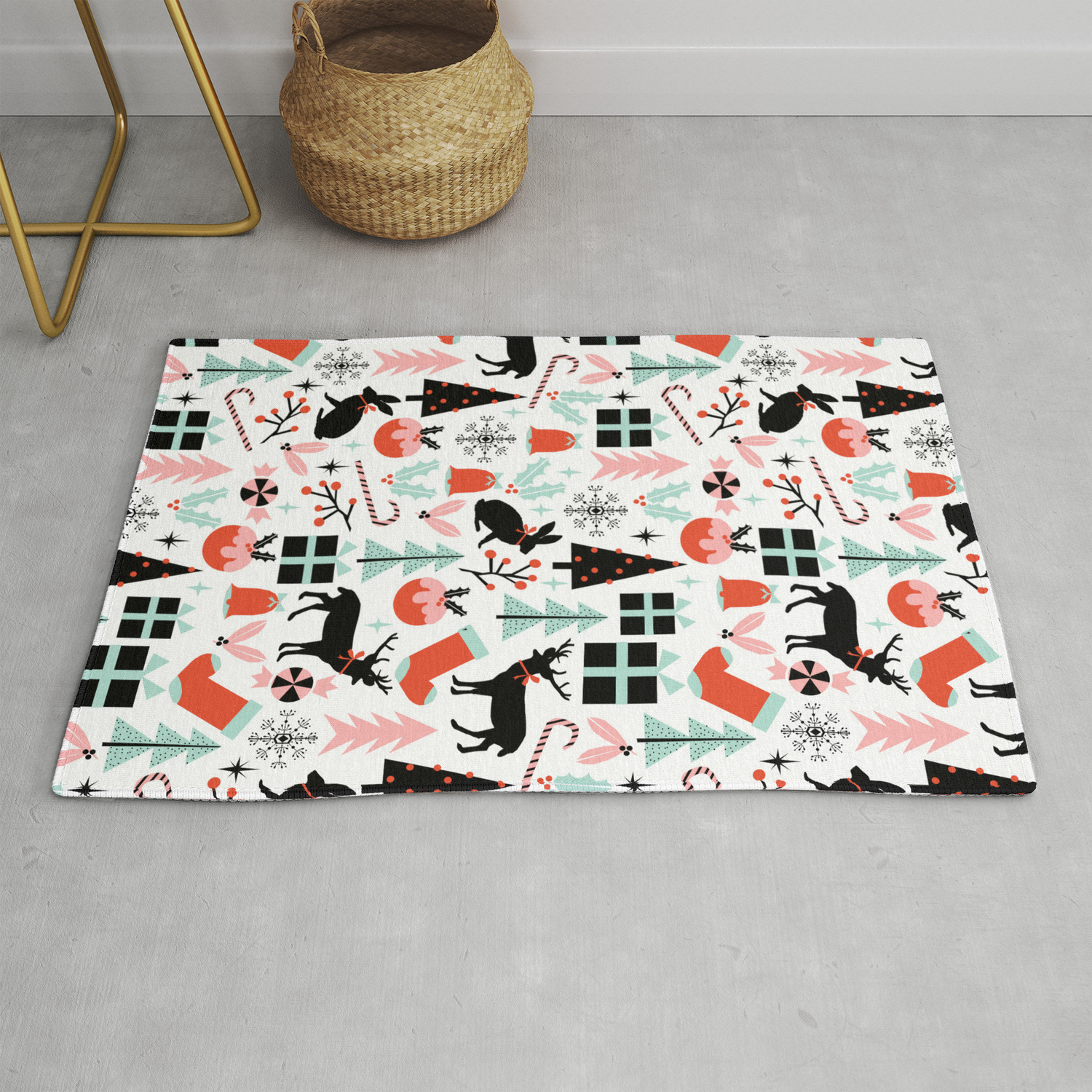 Christmas Ornaments Minimal Holly Reindeer Candy Cane Christmas Tree Pattern Print Rug By Charlottewinter Society6