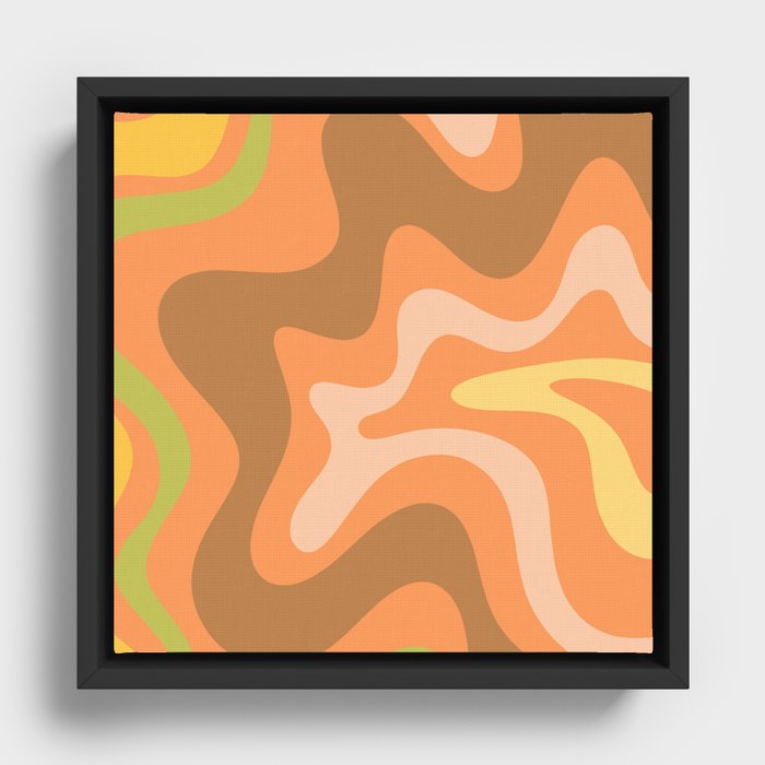 Retro Liquid Swirl Abstract Pattern Square 60s 70s Light Orange Green Brown Yellow Blush Framed Canvas