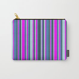[ Thumbnail: Fuchsia, Blue, Dark Slate Gray, and Powder Blue Colored Lines/Stripes Pattern Carry-All Pouch ]