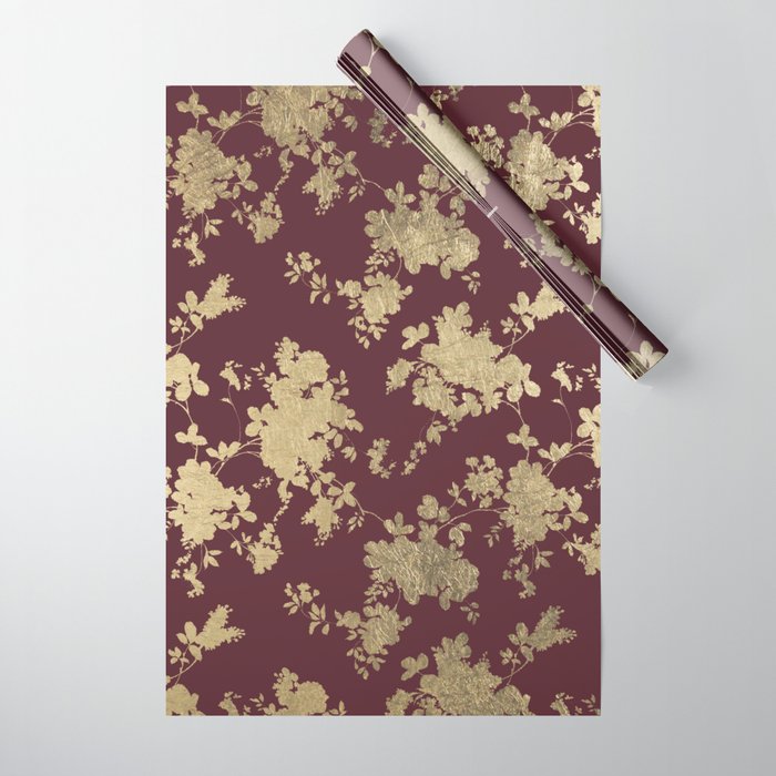 Elegant Vintage Style Burgundy Gold Flowers Wrapping Paper by Pink Water