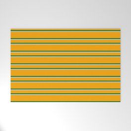 [ Thumbnail: Orange, Dark Green & Light Blue Colored Lined Pattern Welcome Mat ]