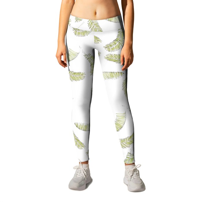 Tropical Beach Palm Leaves (Green and White Repeat Pattern) Leggings