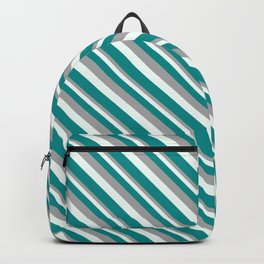 [ Thumbnail: Dark Grey, Mint Cream, and Dark Cyan Colored Lined Pattern Backpack ]