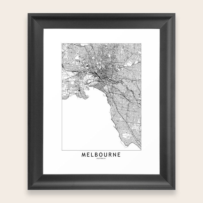Melbourne White Map Framed Art Print by multipliCITY Society6