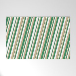 [ Thumbnail: Tan, Sea Green, and White Colored Lined Pattern Welcome Mat ]