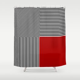 Geometric abstraction, black and white stripes, red square Shower Curtain