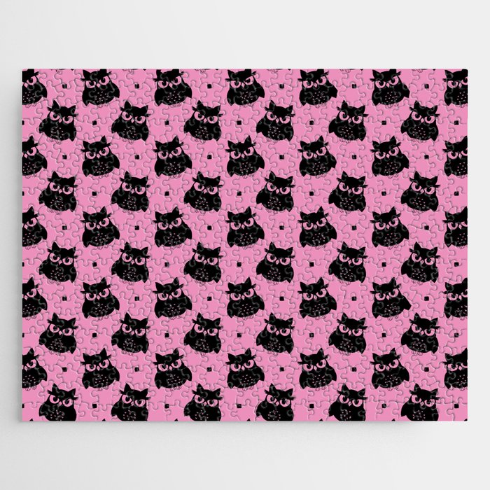 Black Cute Owl Seamless Pattern on Hot Pink Background Jigsaw Puzzle