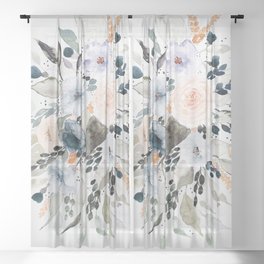 Loose Blue and Peach Floral Watercolor Bouquet  Sheer Curtain