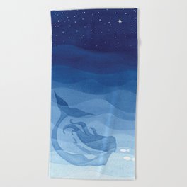 Mermaid, watercolor, blue, fish Beach Towel