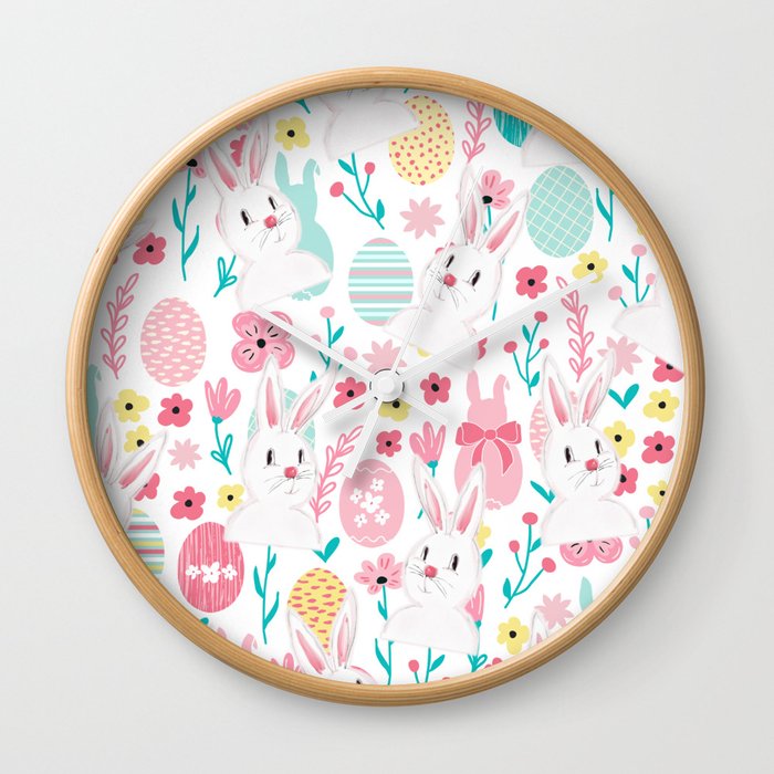 Easter Bunny And Eggs Floral Pattern  Wall Clock