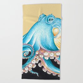 Blue Octopus on Yellow Ink Art Nautical Marine Beach Towel