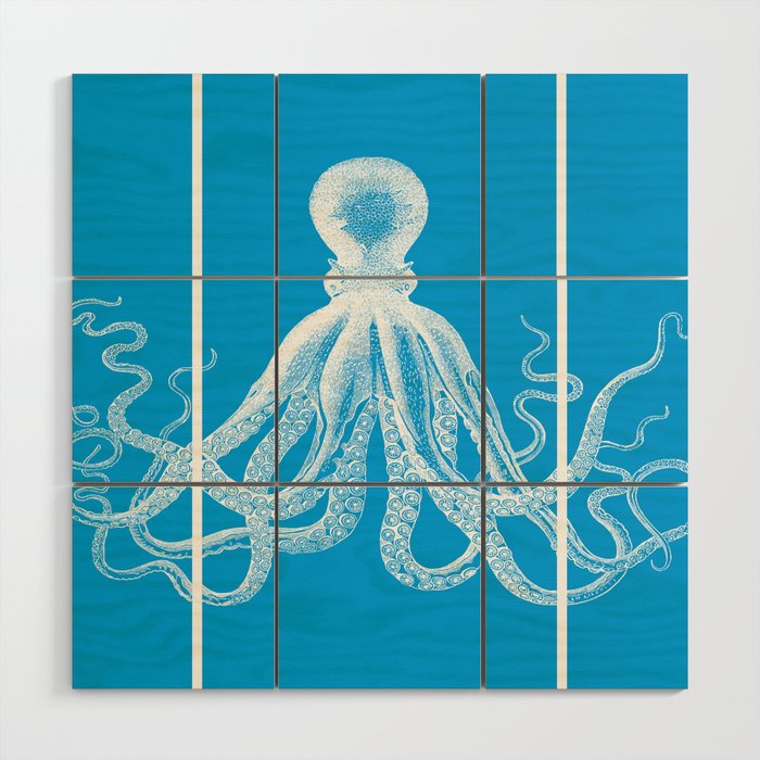 Octopus Faux Triptych | Vintage Octopus | Tentacles | Turquoise Blue and White | Wood Wall Art