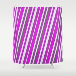[ Thumbnail: Dim Gray, Fuchsia, and Lavender Colored Striped/Lined Pattern Shower Curtain ]