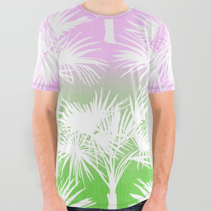 70’s Tie Dye Ombre Palm Trees Pink and Green All Over Graphic Tee