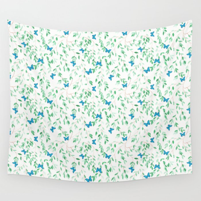 Watercolor Green Leafs and Blue Butterflies Wall Tapestry