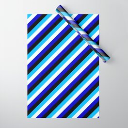 [ Thumbnail: Deep Sky Blue, Mint Cream, Blue & Black Colored Stripes Pattern Wrapping Paper ]