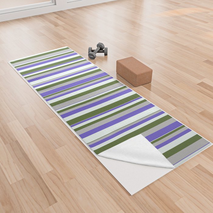 Grey, Slate Blue, Mint Cream & Dark Olive Green Colored Stripes/Lines Pattern Yoga Towel