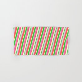 [ Thumbnail: Eyecatching Hot Pink, Red, Beige, Lime Green, and Light Grey Colored Lines/Stripes Pattern Hand & Bath Towel ]