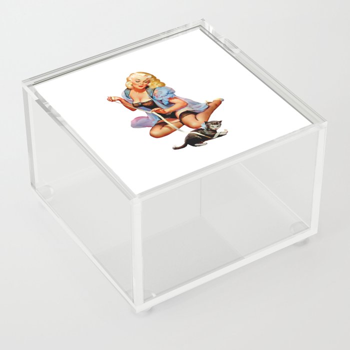 Sexy Blond Vintage Pinup Playing With a Cute Puppy Cat Acrylic Box