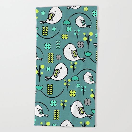 Cute birds and flowers Beach Towel