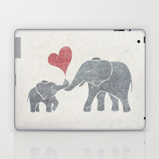 Elephant Hugs with Heart in Muted Gray and Red Laptop & iPad Skin