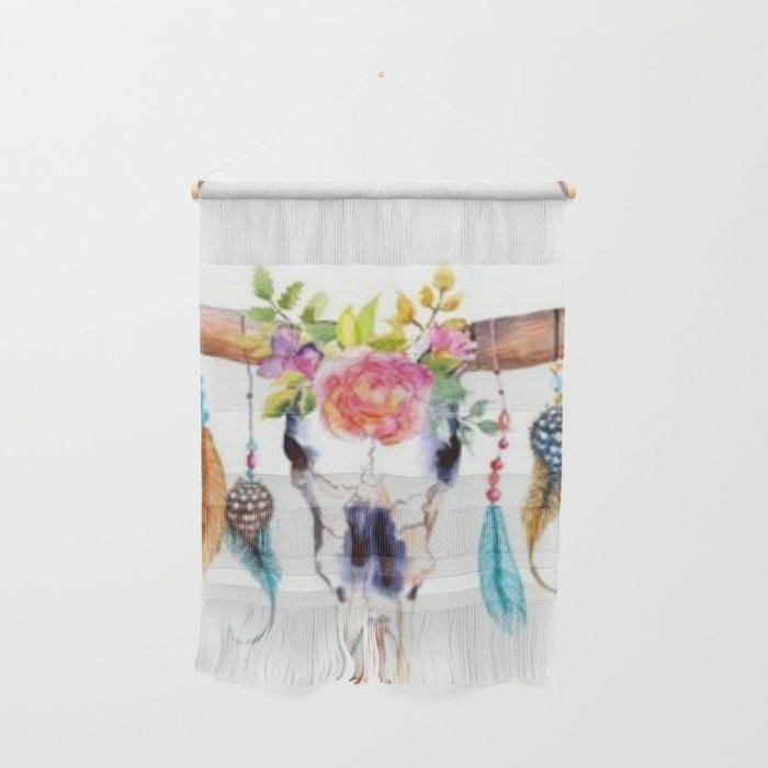 Floral and Feathers Adorned Bull Skull Wall Hanging