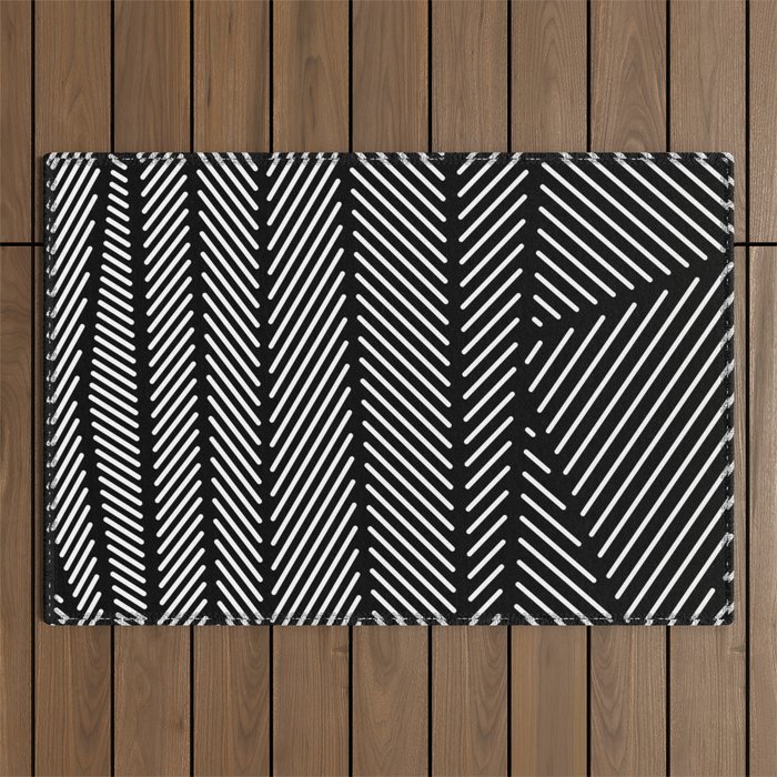 Black and White Minimal Diagonal Line Patch Pattern Outdoor Rug