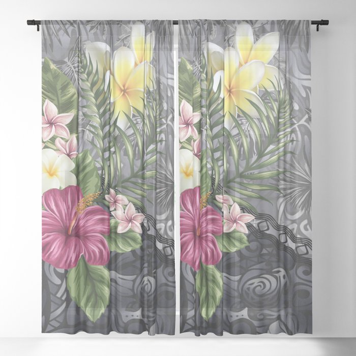 Hawaiian Floral Arrangement on Tonal Tapa Sheer Curtain
