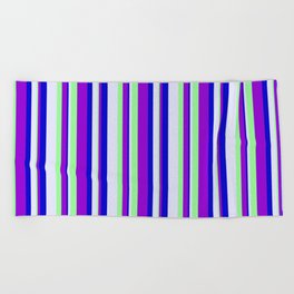 [ Thumbnail: Lavender, Green, Dark Violet, and Blue Colored Lined/Striped Pattern Beach Towel ]