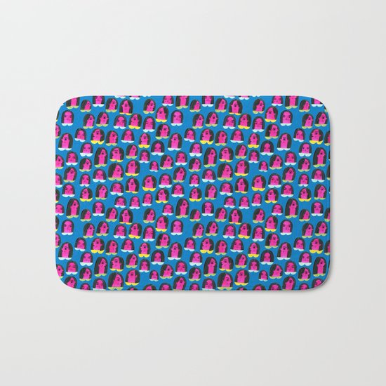 Pink Heads On Blue Bath Mat