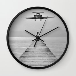 Steady As She Goes 6; aircraft coming in for an island landing female in bikini black and white photography - photographs - photograph Wall Clock