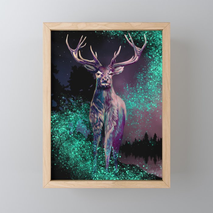 Buck in the Night, Deer with Colorful Antlers in the Night, Dark Nature Art Illustration Framed Mini Art Print