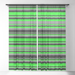 [ Thumbnail: Lime, Gray, and Black Colored Striped/Lined Pattern Sheer Curtain ]