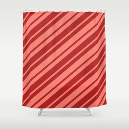 [ Thumbnail: Red and Salmon Colored Lines/Stripes Pattern Shower Curtain ]