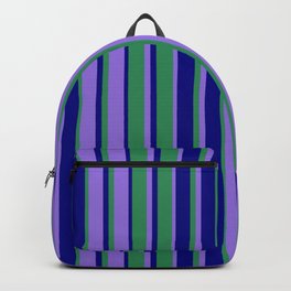 [ Thumbnail: Purple, Sea Green & Blue Colored Stripes/Lines Pattern Backpack ]