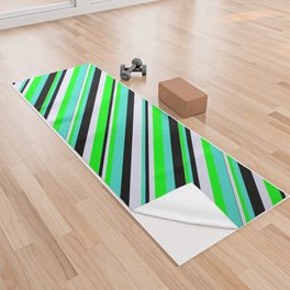 [ Thumbnail: Turquoise, Lime, Lavender, and Black Colored Stripes/Lines Pattern Yoga Towel ]