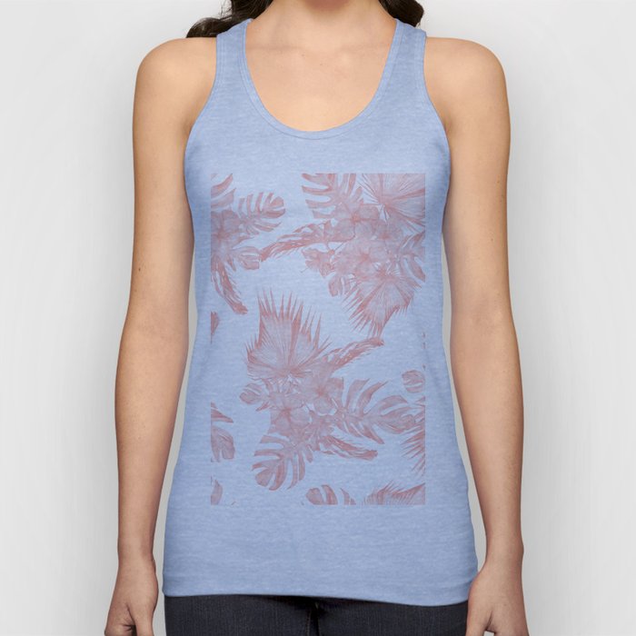 Tropical Hibiscus and Palm Leaves Coral White Tank Top