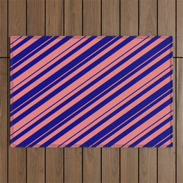 [ Thumbnail: Blue and Light Coral Colored Lined Pattern Outdoor Rug ]