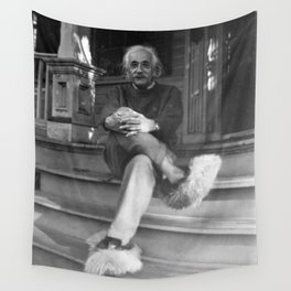 Funny Einstein in Fuzzy Slippers Classic Black and White Satirical Photography - Photographs Wall Tapestry