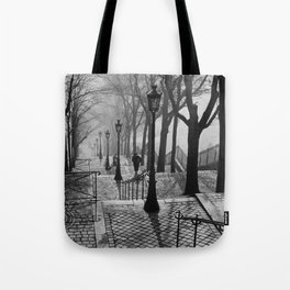 Sacre Coeur, Montmartre, Paris, France Stairs black and white photograph / black and white photography Tote Bag