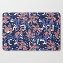 Tigers in a tiger lily garden // textured navy blue background very peri wild animals carissma pink flowers Cutting Board