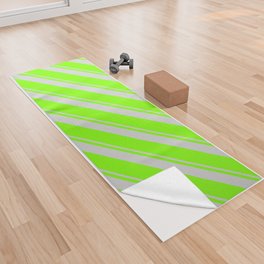 [ Thumbnail: Light Gray and Chartreuse Colored Striped/Lined Pattern Yoga Towel ]