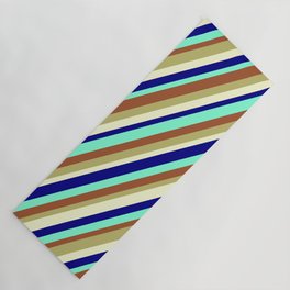 [ Thumbnail: Eye-catching Sienna, Dark Khaki, Light Yellow, Blue, and Aquamarine Colored Striped/Lined Pattern Yoga Mat ]