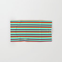 [ Thumbnail: Aquamarine, Blue & Red Colored Striped/Lined Pattern Hand & Bath Towel ]