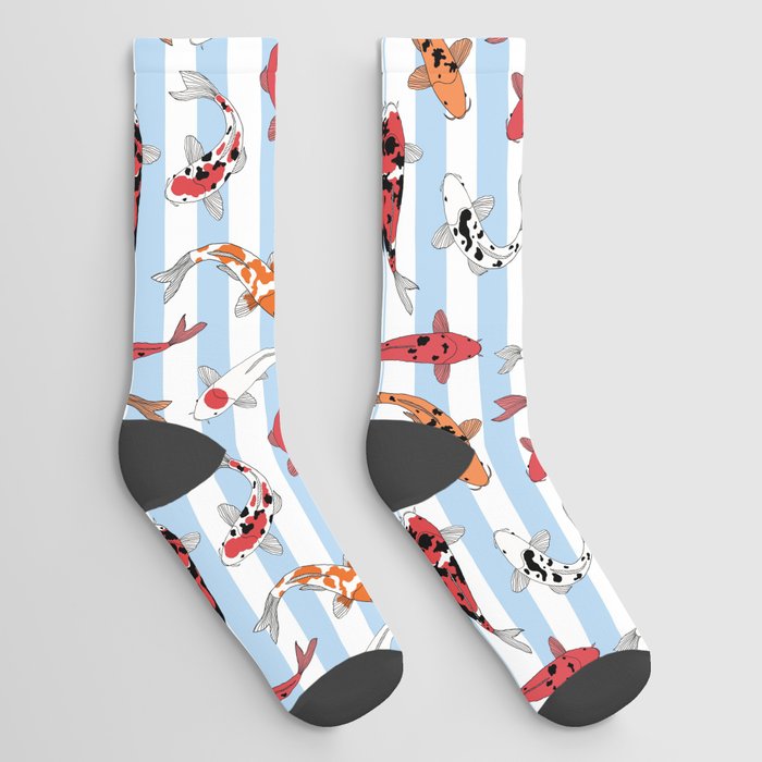 Koi Fishes Pattern on Baby Blue and White Stripes Socks